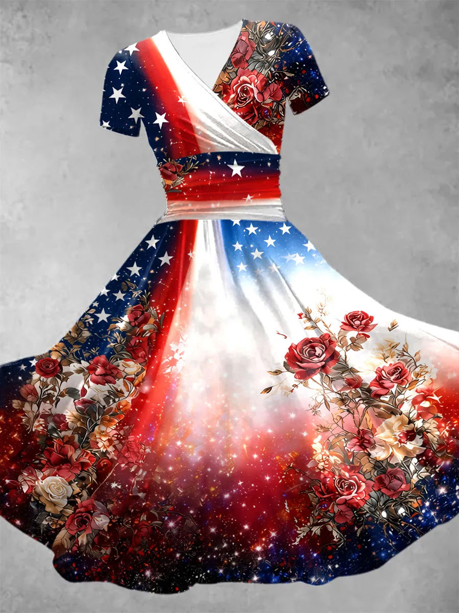 Retro Patriotic Flowers Art Printed Vintage V-Neck Pleated Waist Short Sleeve Midi Dress